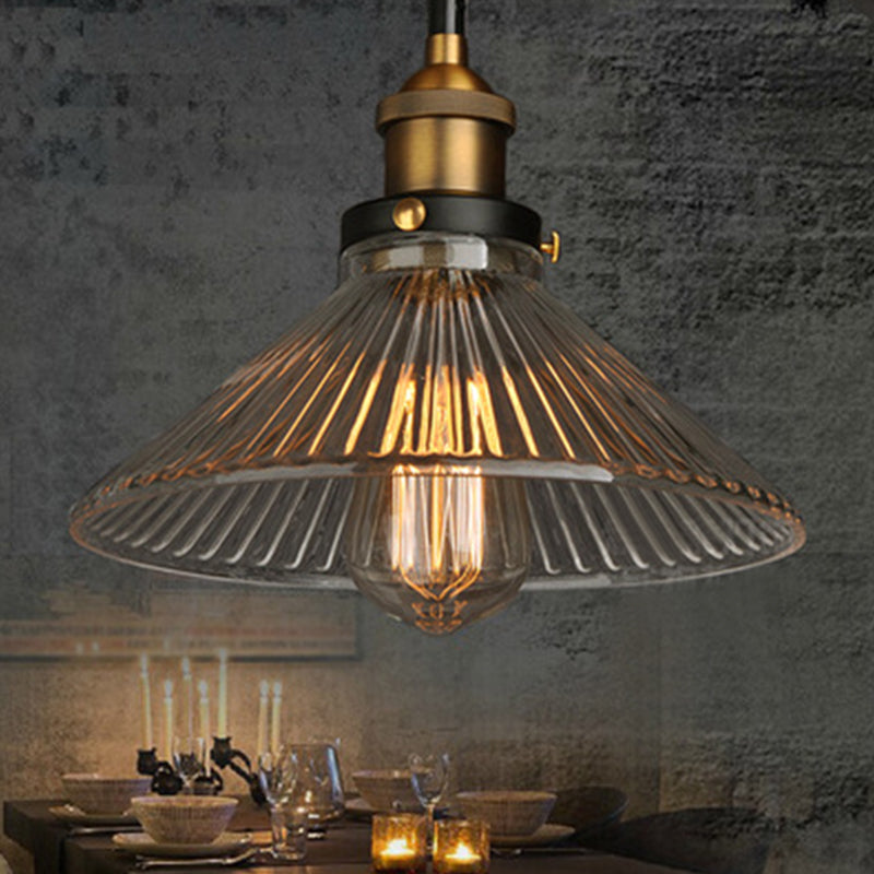 Messing afwerking 1-licht hanger industrieel helder geribbeld glas conisch druppellicht voor bar