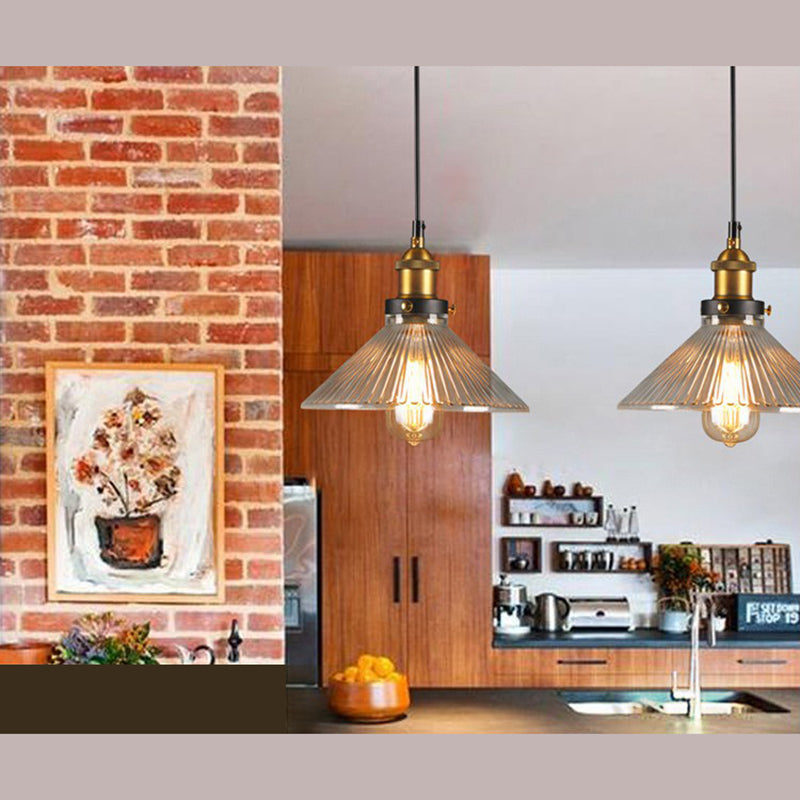 Messing afwerking 1-licht hanger industrieel helder geribbeld glas conisch druppellicht voor bar