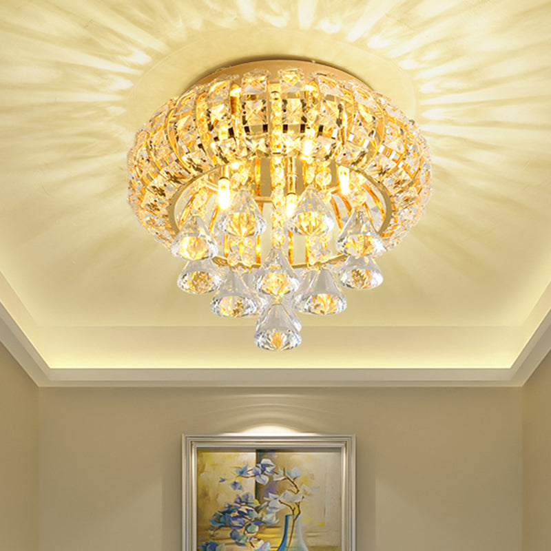 Plafonnier rond doré modernisme à 5 têtes, lampe encastrée en cristal découpé à la main pour hall d'entrée