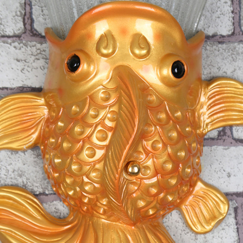 Fish Shape Resin Wall Sconce Country 1 Head Restaurant Red/Gold Finish Wall Mount Lamp with Amber Glass Bell Shade