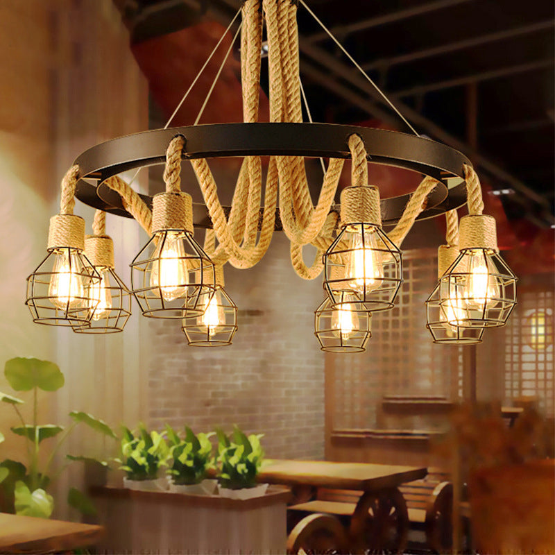 Lampadario a gabbia in metallo nero retrò retrò ruota a corda di corda lampada per il ristorante