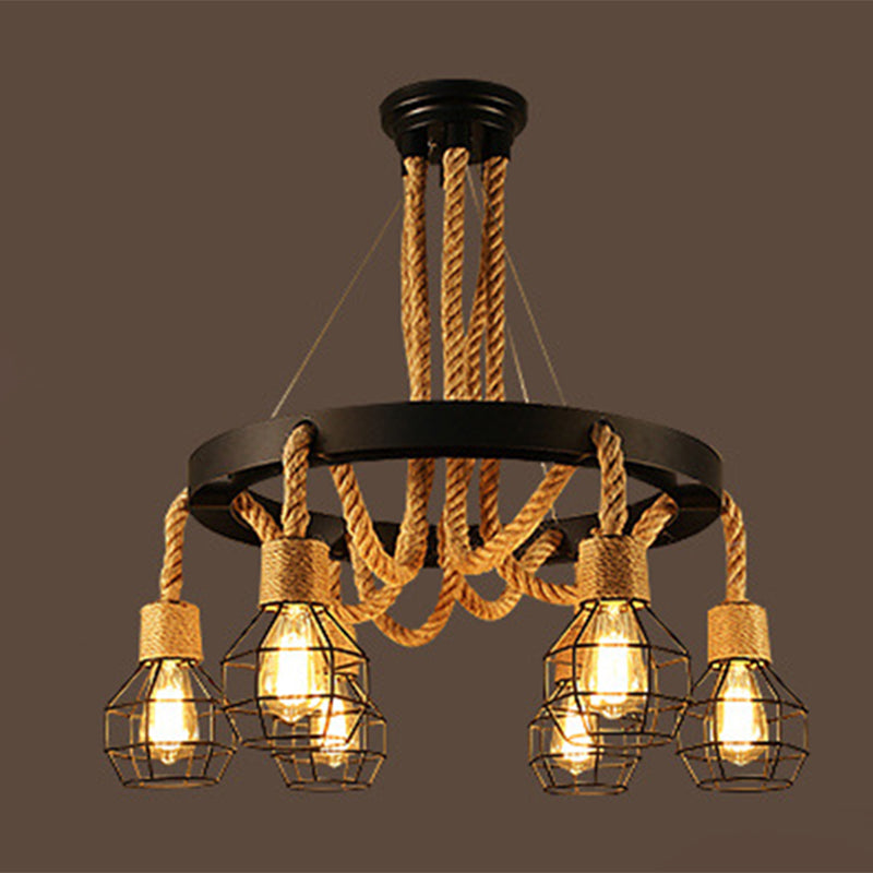 Lampadario a gabbia in metallo nero retrò retrò ruota a corda di corda lampada per il ristorante