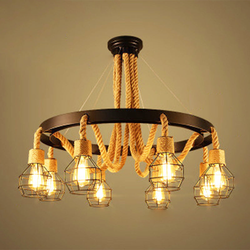 Lampadario a gabbia in metallo nero retrò retrò ruota a corda di corda lampada per il ristorante