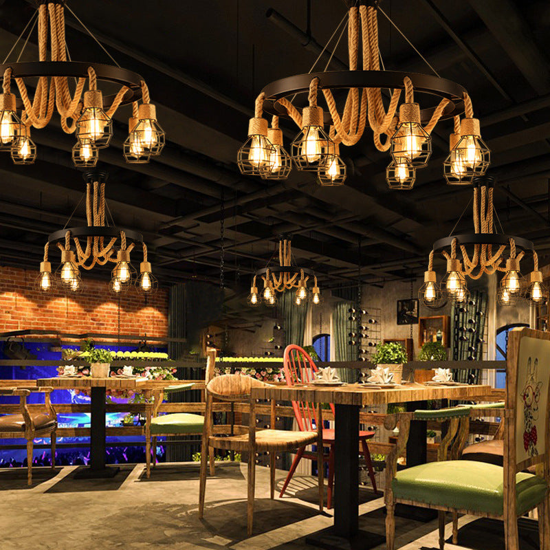 Lampadario a gabbia in metallo nero retrò retrò ruota a corda di corda lampada per il ristorante