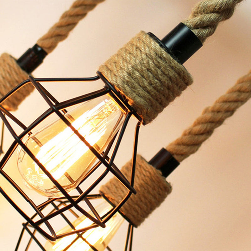 Lampadario a gabbia in metallo nero retrò retrò ruota a corda di corda lampada per il ristorante