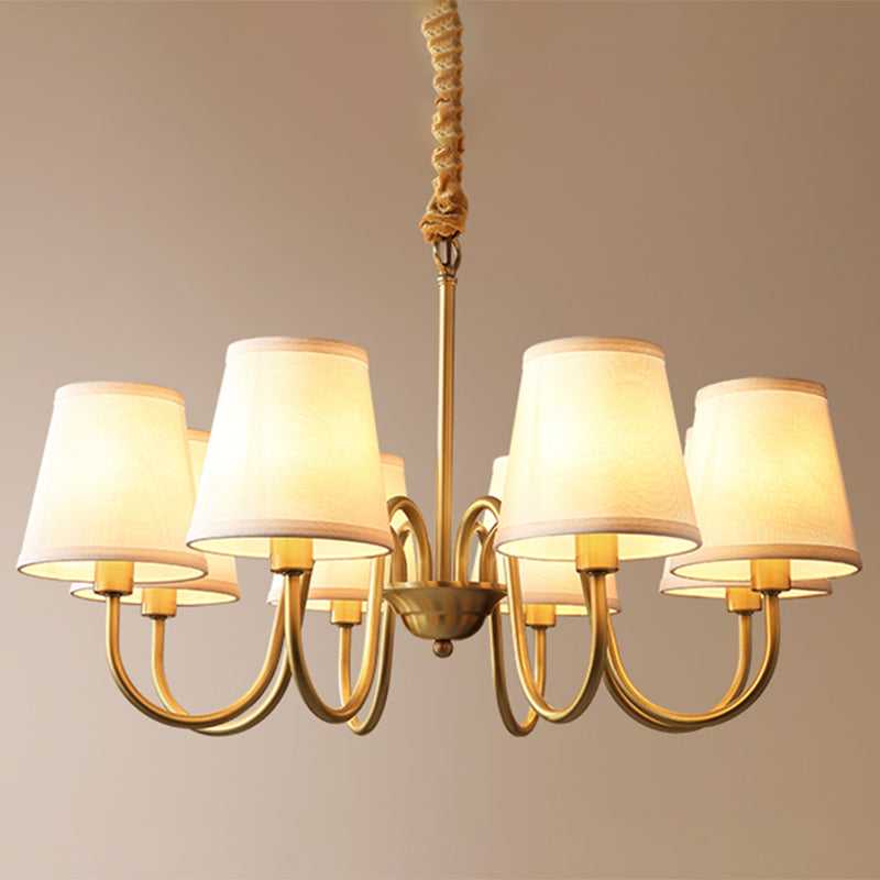 Postmoderner Kegel hängende Kronleuchter hellweiß weiße Stoff Schatten Decke Kroren in Gold für Wohnzimmer