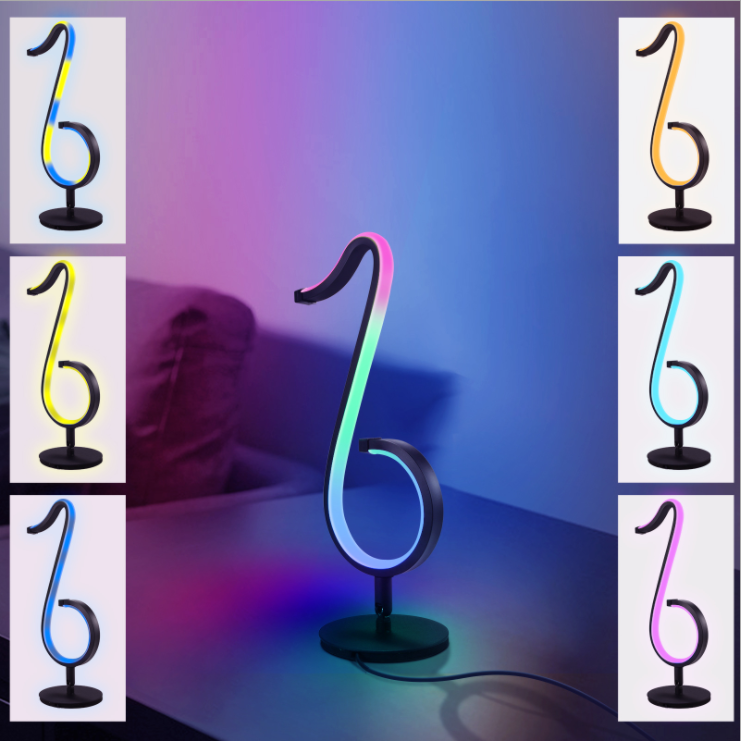 Lampada da tavolo a forma di nota musicale in metallo. Luce notturna a LED nera minimalista alla moda per camera da letto