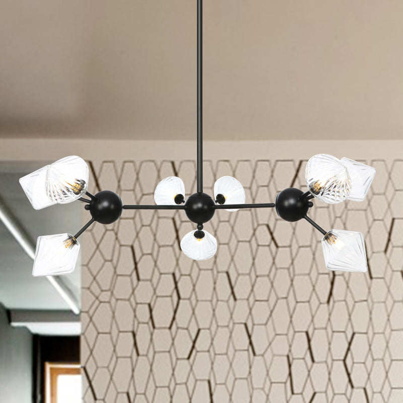 13"/27.5"/34" W Diamond Living Room Chandelier Lamp Amber/Clear Glass 3/9/12 Heads Warehouse Style Pendant Lighting with Sputnik Design