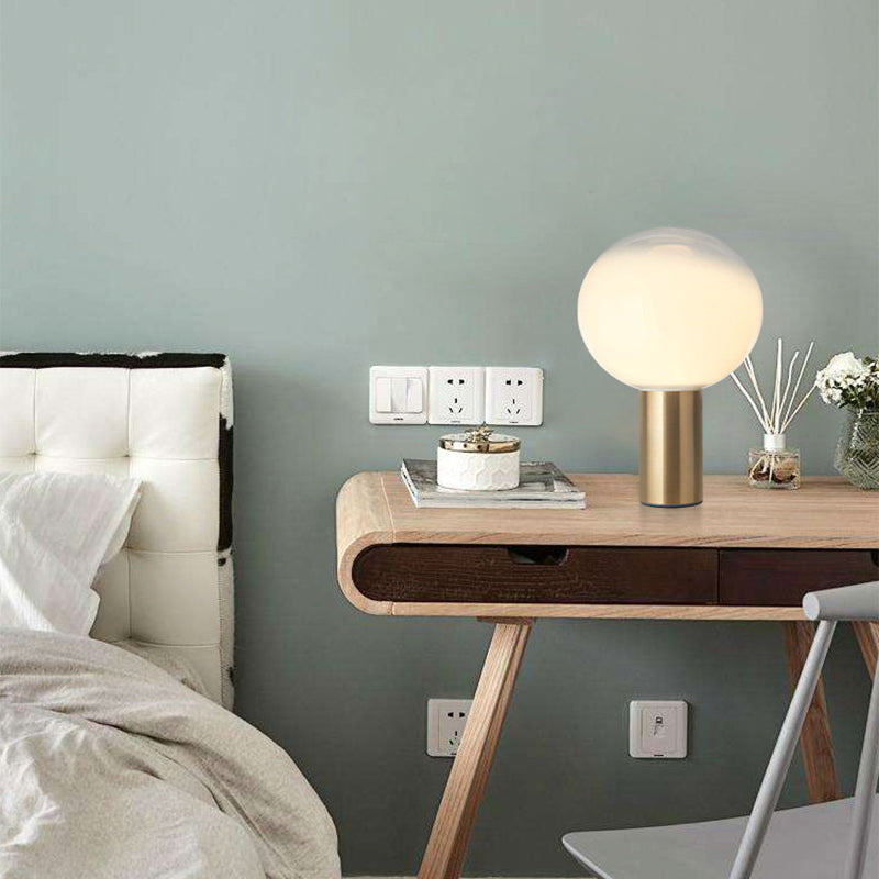 9.8" Wide White Glass Globe Table Lamp Minimalism Cylindrical Gold Metal Base Nightstand Light for Bedroom