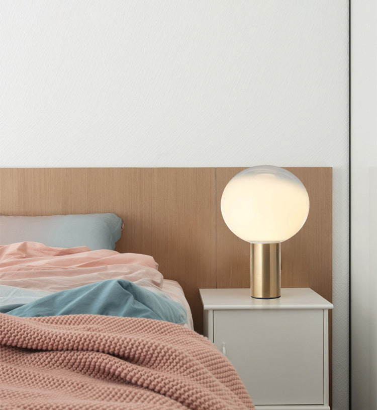 9.8" Wide White Glass Globe Table Lamp Minimalism Cylindrical Gold Metal Base Nightstand Light for Bedroom