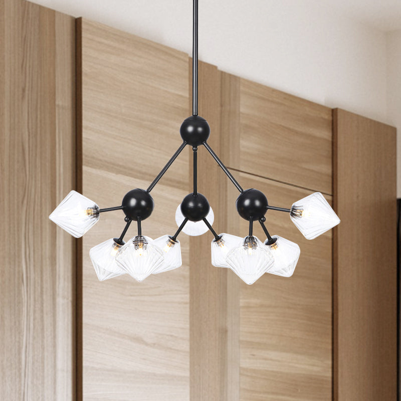 13"/27.5"/34" W Diamond Living Room Chandelier Lamp Amber/Clear Glass 3/9/12 Heads Warehouse Style Pendant Lighting with Sputnik Design