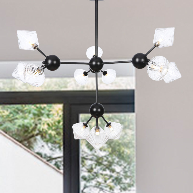 13"/27.5"/34" W Diamond Living Room Chandelier Lamp Amber/Clear Glass 3/9/12 Heads Warehouse Style Pendant Lighting with Sputnik Design