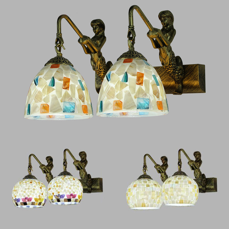 Mosaic Shell Sconce Light Fixture Mediterranean 2 Lights Beige/White-Yellow/Yellow-Blue Wall Mounted Light for Bathroom