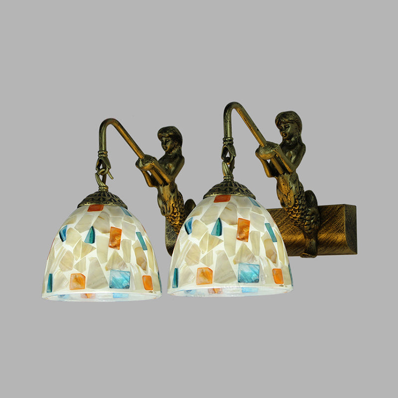 Mosaic Shell Sconce Light Fixture Mediterranean 2 Lights Beige/White-Yellow/Yellow-Blue Wall Mounted Light for Bathroom