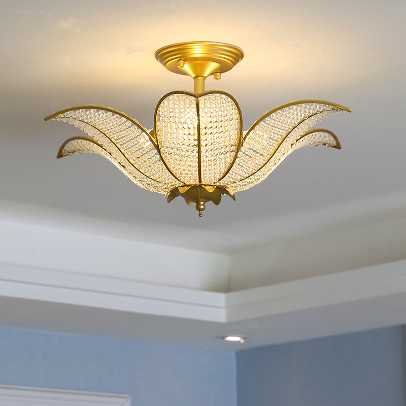 6-Licht-Wohnzimmer Decke Flush Mount zeitgenössische goldene Halbflush-Halterung Beleuchtung mit blühender klarer Kristallglasschatten