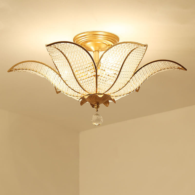 6-Licht-Wohnzimmer Decke Flush Mount zeitgenössische goldene Halbflush-Halterung Beleuchtung mit blühender klarer Kristallglasschatten