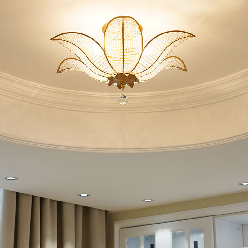 6-Licht-Wohnzimmer Decke Flush Mount zeitgenössische goldene Halbflush-Halterung Beleuchtung mit blühender klarer Kristallglasschatten