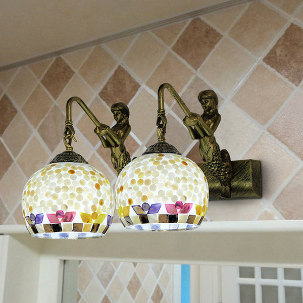 Mosaic Shell Sconce Light Fixture Mediterranean 2 Lights Beige/White-Yellow/Yellow-Blue Wall Mounted Light for Bathroom