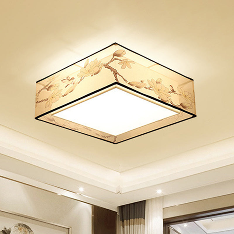 Squared Flush Mount Light Fixture Traditional Beige Fabric Flushmount Ceiling Lamp
