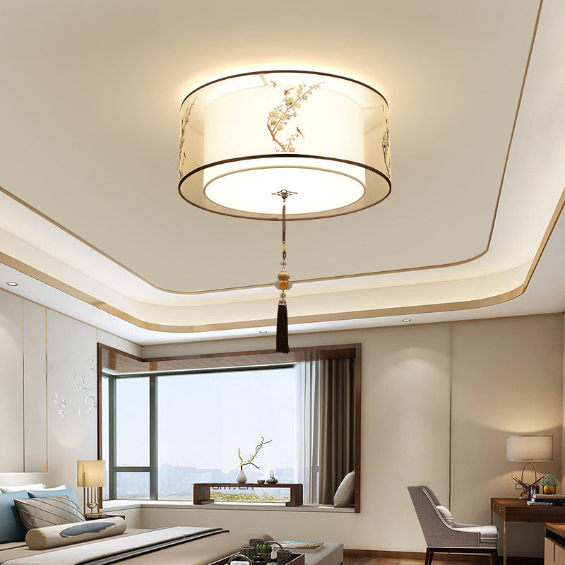 Lampe à encastrer traditionnelle pour chambre à coucher avec abat-jour en tissu géométrique en blanc