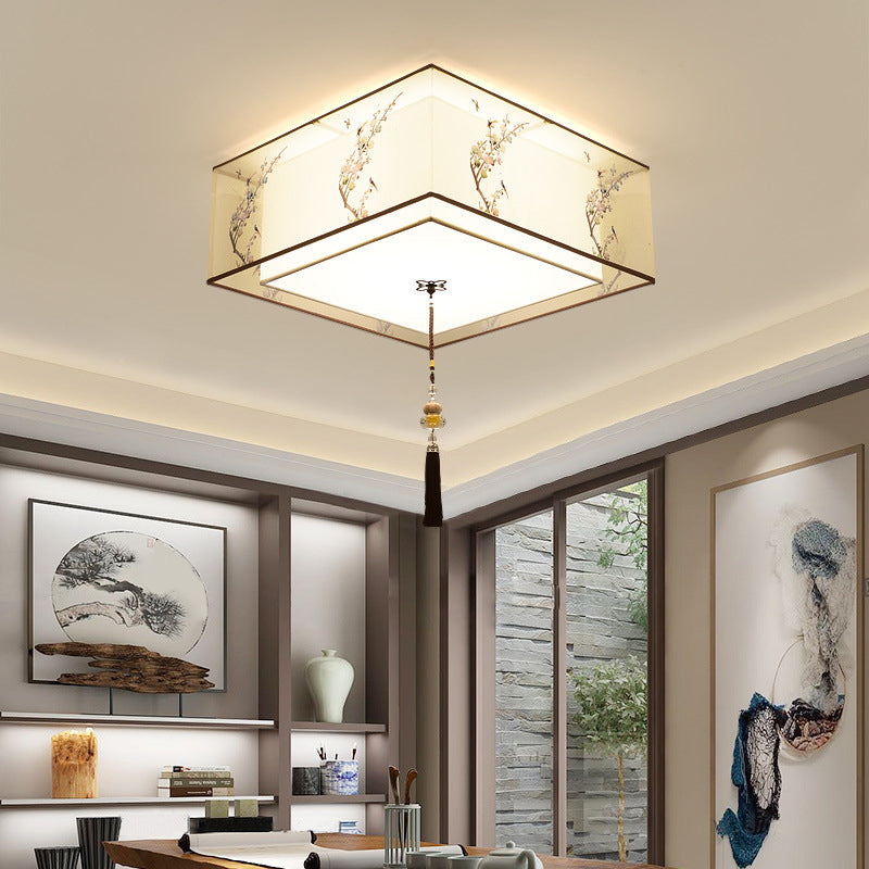 Lampe à encastrer traditionnelle pour chambre à coucher avec abat-jour en tissu géométrique en blanc