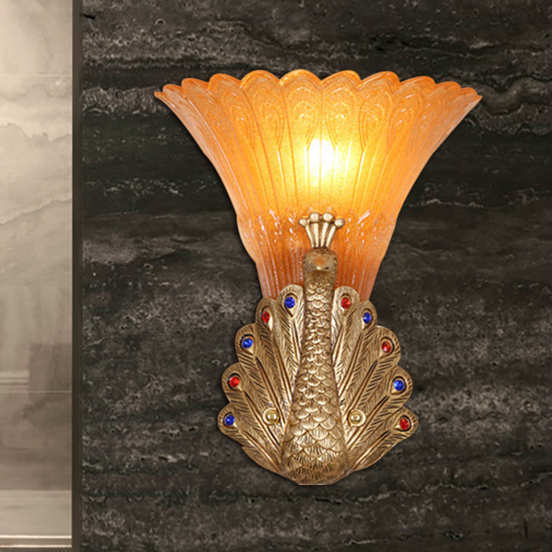 1 Light Peacock Wall Mount Lamp Rustic Style Red/Gold Finish Resin Wall Light with Orange Glass Scalloped Shade, 9.5"/13" W