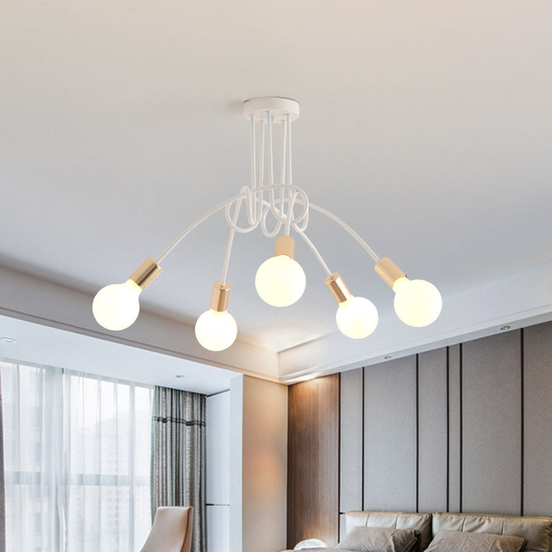 White Sputnik Exposed Bulb Flush Mount Industrial Retro Ceiling Light with Wrought Iron Stem