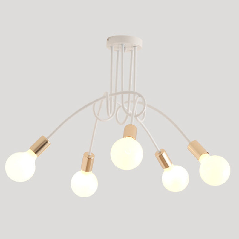 White Sputnik Exposed Bulb Flush Mount Industrial Retro Ceiling Light with Wrought Iron Stem