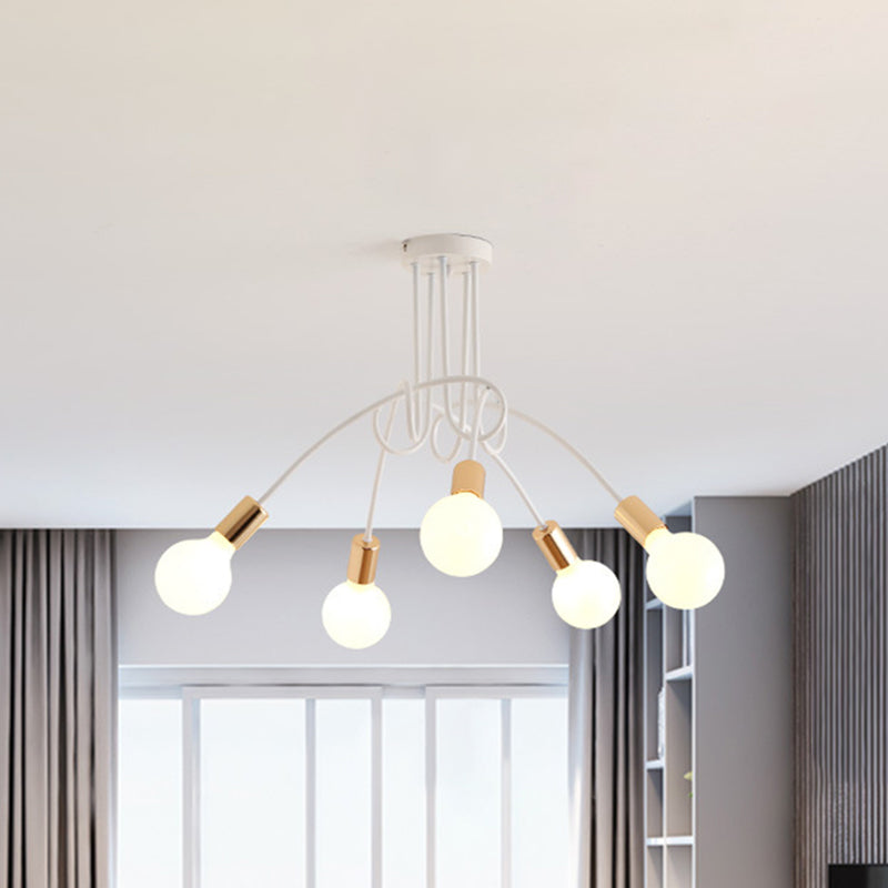 White Sputnik Exposed Bulb Flush Mount Industrial Retro Ceiling Light with Wrought Iron Stem