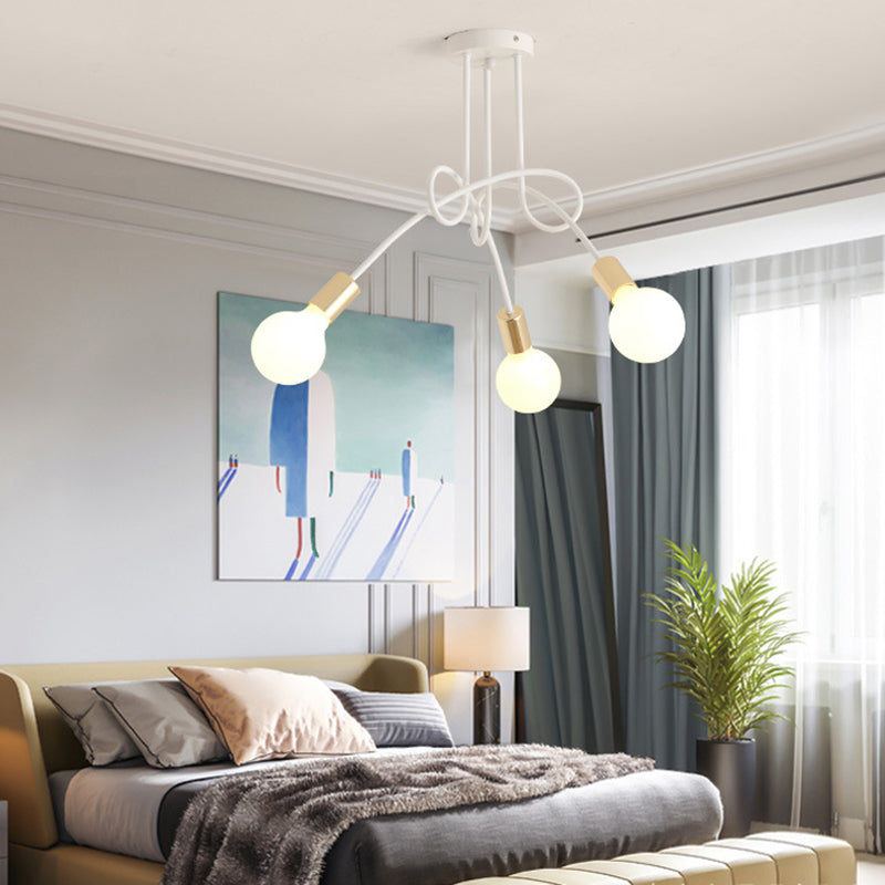 White Sputnik Exposed Bulb Flush Mount Industrial Retro Ceiling Light with Wrought Iron Stem