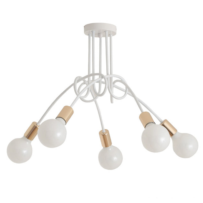 White Sputnik Exposed Bulb Flush Mount Industrial Retro Ceiling Light with Wrought Iron Stem