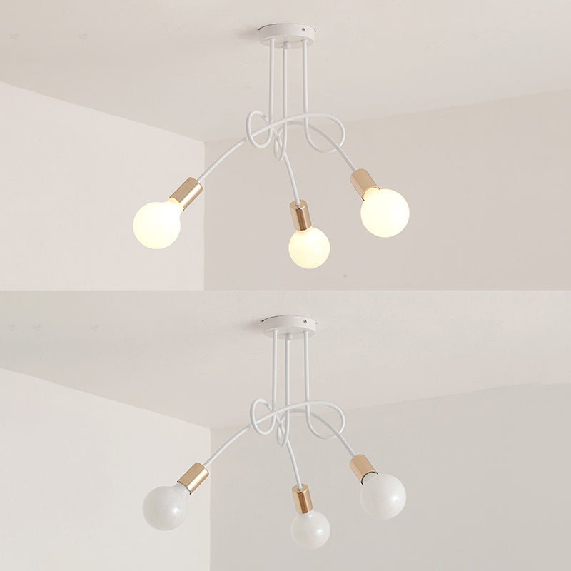 White Sputnik Exposed Bulb Flush Mount Industrial Retro Ceiling Light with Wrought Iron Stem