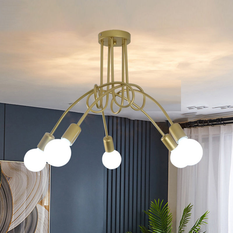 Black Winding Bend Tube Ceiling Lighting Fixture Retro Industrial Style Open Bulb Metal Flush-mount Light