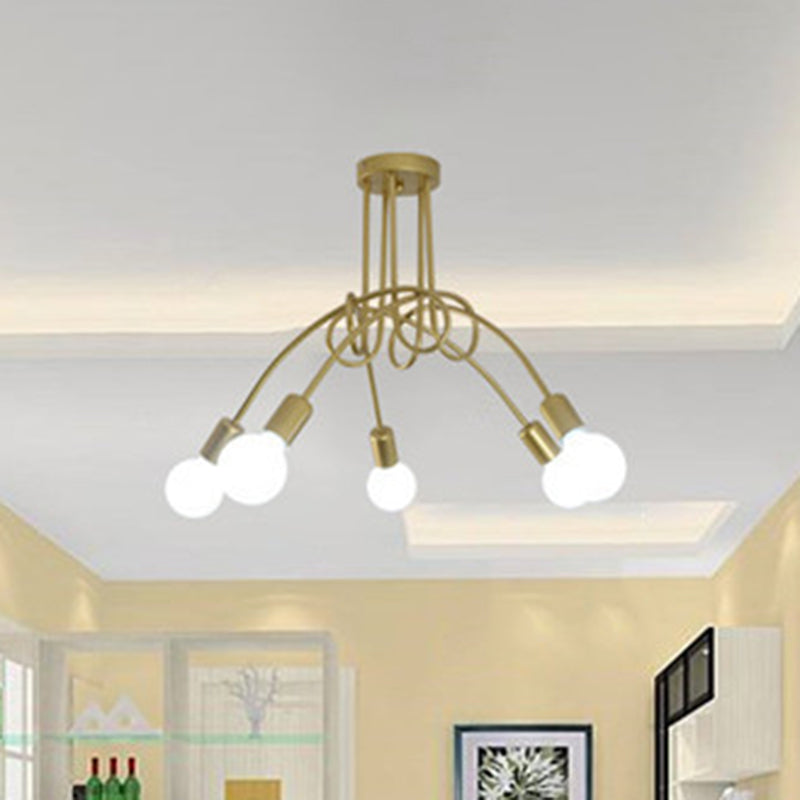Black Winding Bend Tube Ceiling Lighting Fixture Retro Industrial Style Open Bulb Metal Flush-mount Light