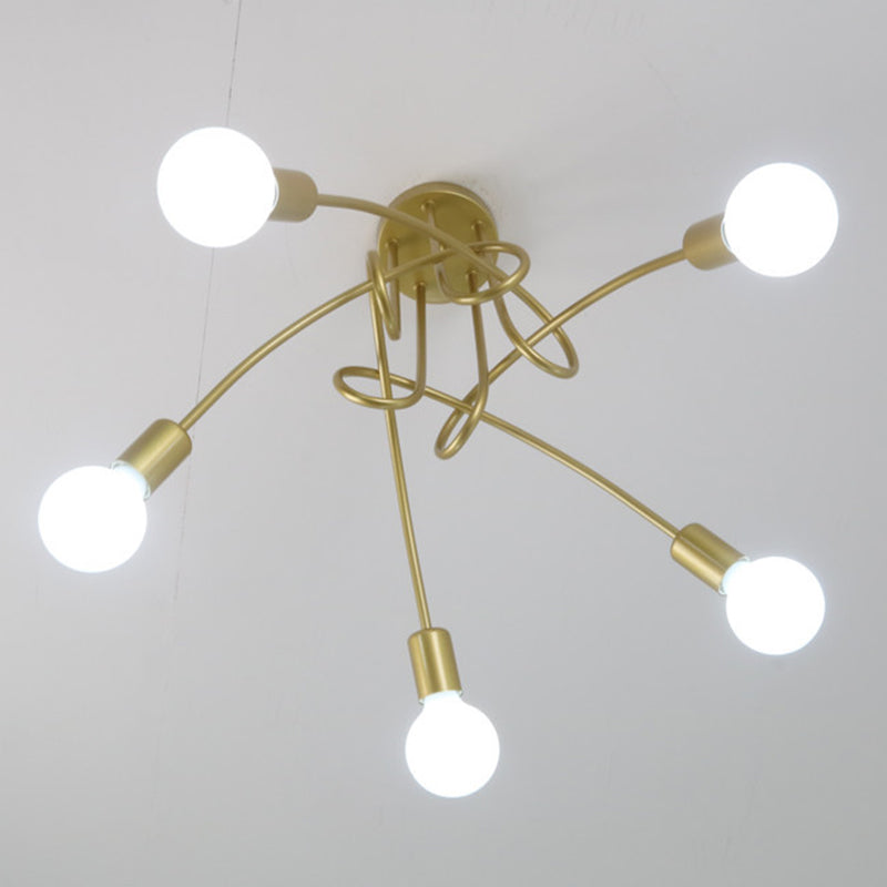 Black Winding Bend Tube Ceiling Lighting Fixture Retro Industrial Style Open Bulb Metal Flush-mount Light