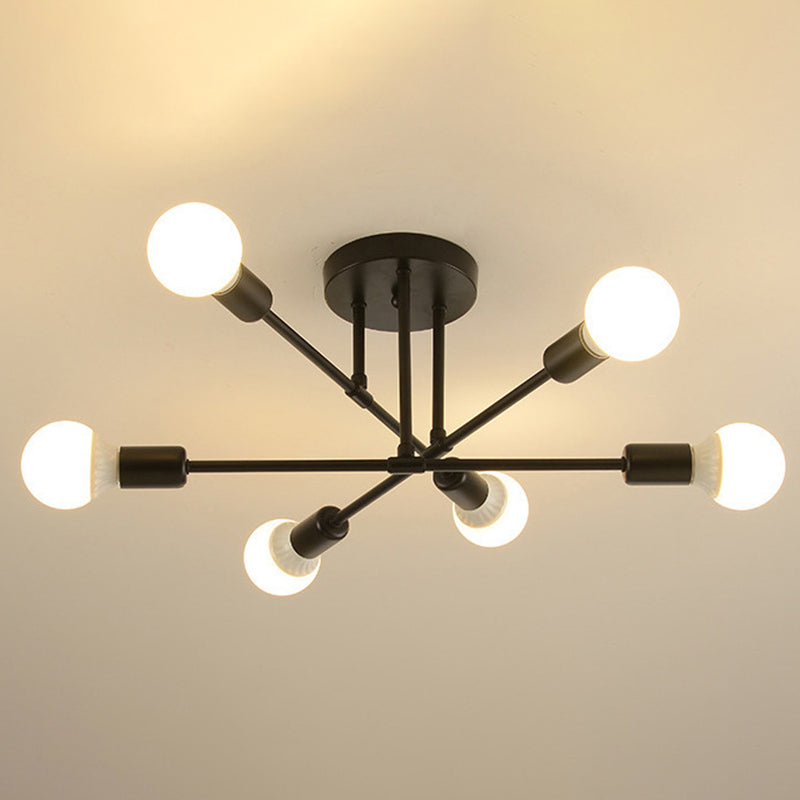 6-Lights Bare Bulb Design Ceiling Light 26.7" Wide Industrial Style Metal Semi Flush-mount Light for Dining Room