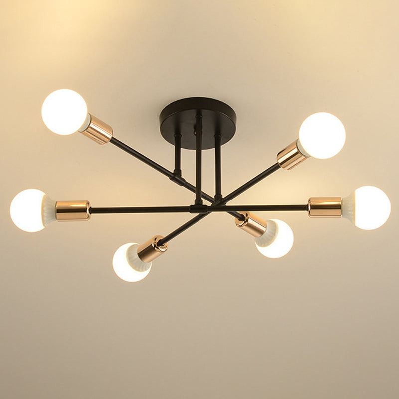 6-Lights Bare Bulb Design Ceiling Light 26.7" Wide Industrial Style Metal Semi Flush-mount Light for Dining Room