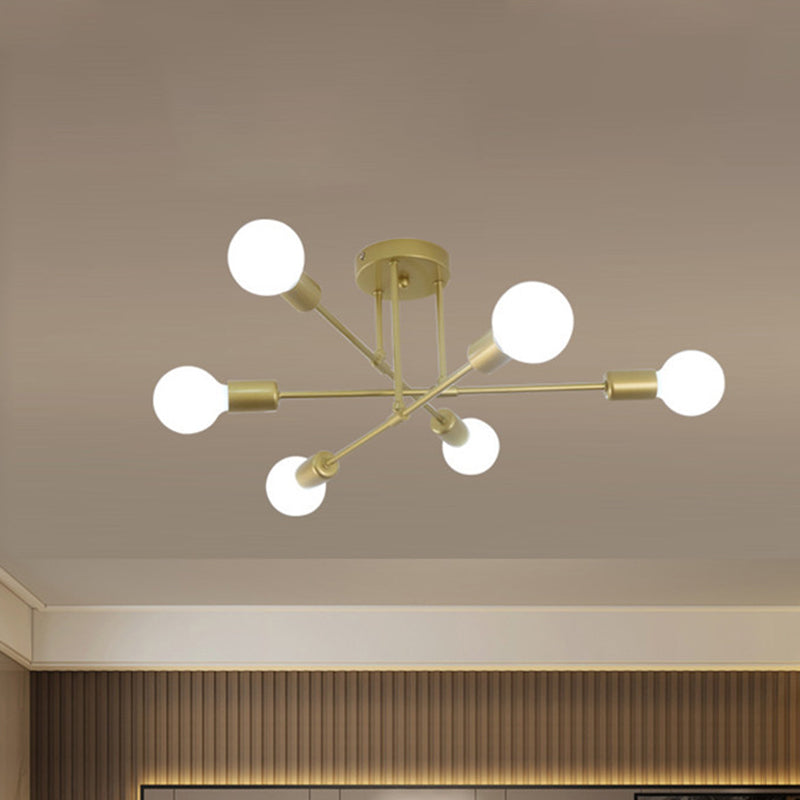 6-Lights Bare Bulb Design Ceiling Light 26.7" Wide Industrial Style Metal Semi Flush-mount Light for Dining Room