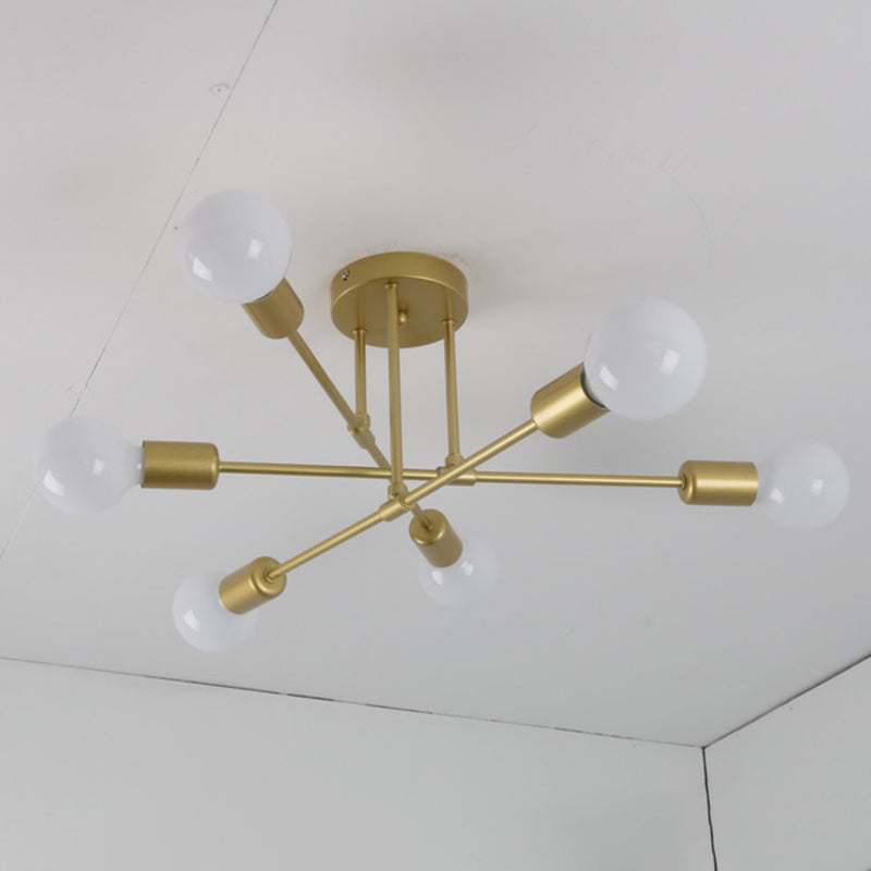 6-Lights Bare Bulb Design Ceiling Light 26.7" Wide Industrial Style Metal Semi Flush-mount Light for Dining Room