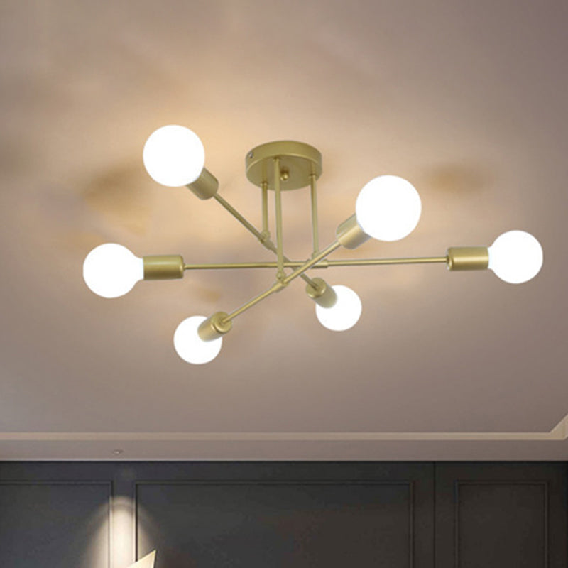 6-Lights Bare Bulb Design Ceiling Light 26.7" Wide Industrial Style Metal Semi Flush-mount Light for Dining Room
