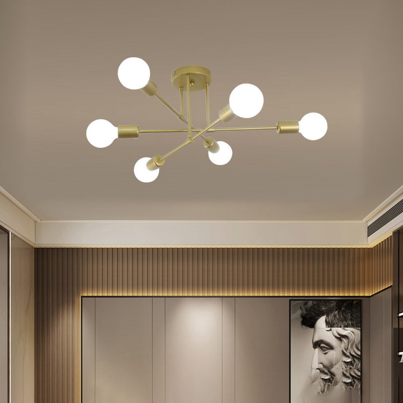 6-Lights Bare Bulb Design Ceiling Light 26.7" Wide Industrial Style Metal Semi Flush-mount Light for Dining Room