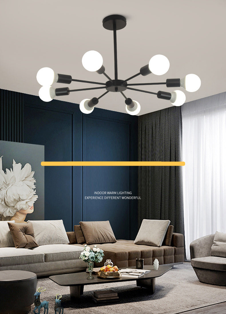 Nordic Style Creative Metal Chandelier 23.6 Inches Wide Burst Shaped Open Bulb Lighting Fixture for Bedroom Living Room