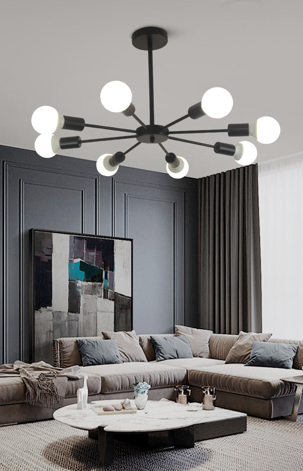 Nordic Style Creative Metal Chandelier 23.6 Inches Wide Burst Shaped Open Bulb Lighting Fixture for Bedroom Living Room