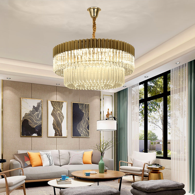 Brass 2 Tiers Chandelier Pendant Light Modernism 6 Heads Crystal Hanging Lamp for Living Room
