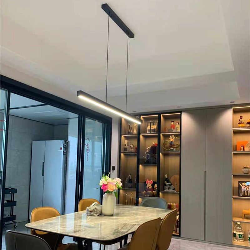 Black Long Strip Minimalism LED Island Light Aluminum + Walnut Nordic Style Suspension Lighting Fixture for Dining Room