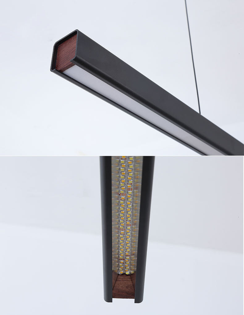 Black Long Strip Minimalism LED Island Light Aluminum + Walnut Nordic Style Suspension Lighting Fixture for Dining Room