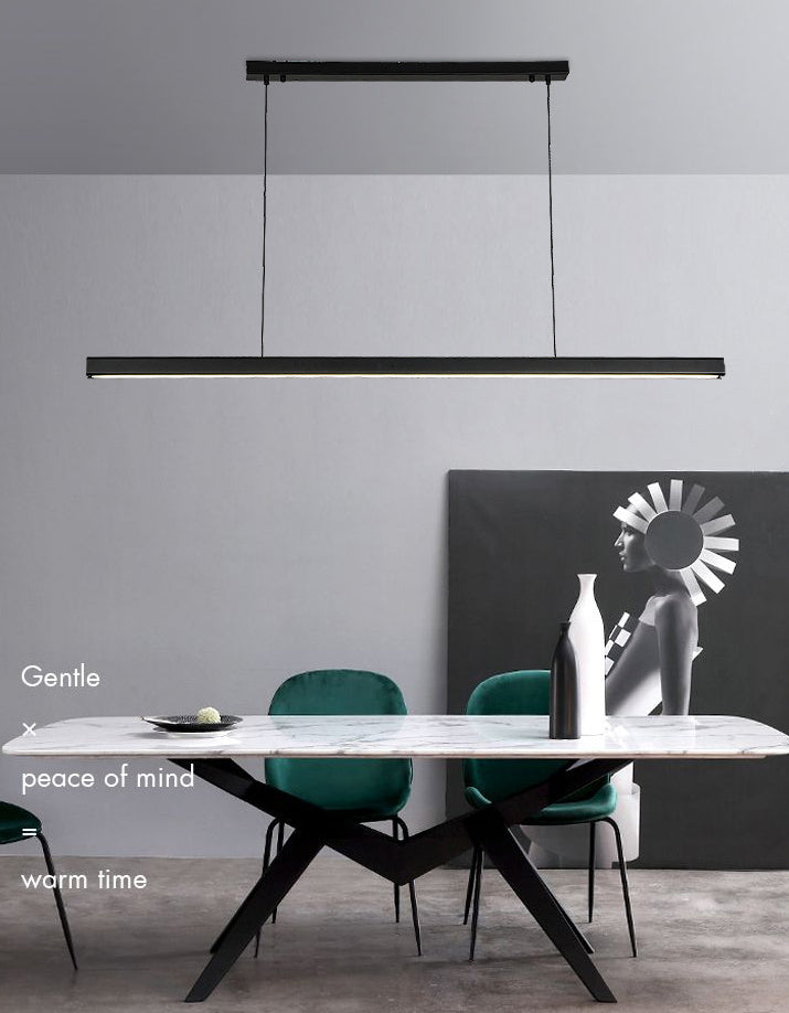 Black Long Strip Minimalism LED Island Light Aluminum + Walnut Nordic Style Suspension Lighting Fixture for Dining Room