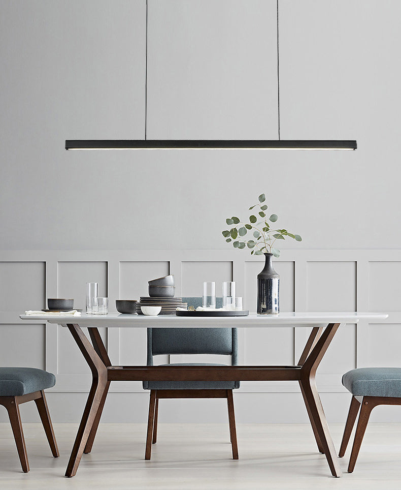 Black Long Strip Minimalism LED Island Light Aluminum + Walnut Nordic Style Suspension Lighting Fixture for Dining Room