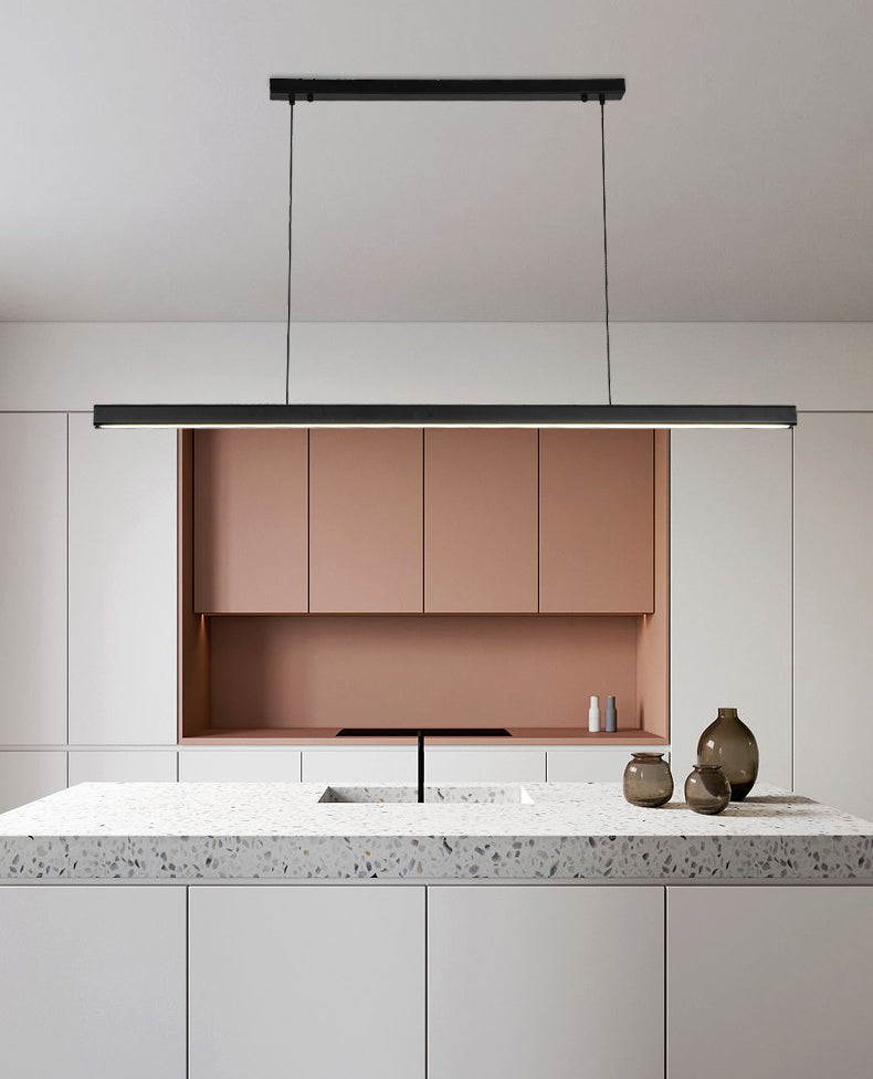 Black Long Strip Minimalism LED Island Light Aluminum + Walnut Nordic Style Suspension Lighting Fixture for Dining Room