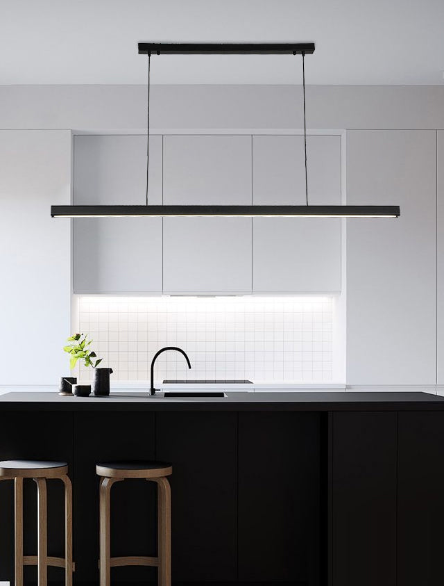 Black Long Strip Minimalism LED Island Light Aluminum + Walnut Nordic Style Suspension Lighting Fixture for Dining Room